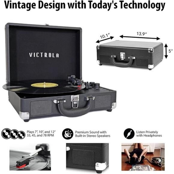 Victrola Vintage 3-Speed Bluetooth Portable Suitcase Record Player - Picture 4 of 7